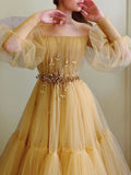 A-Line/Princess Tulle Beading Off-the-Shoulder Long Sleeves Floor-Length Dresses Prom Dress