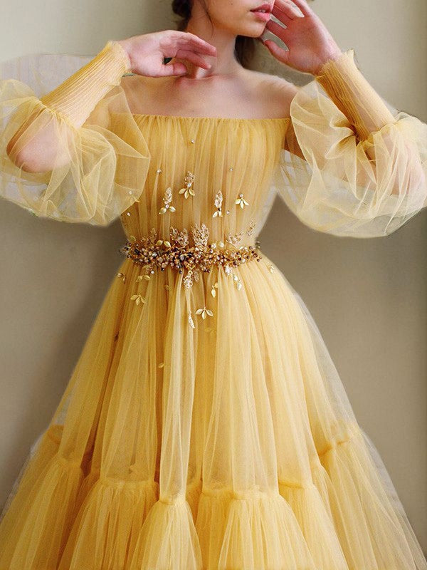 A-Line/Princess Tulle Beading Off-the-Shoulder Long Sleeves Floor-Length Dresses Prom Dress