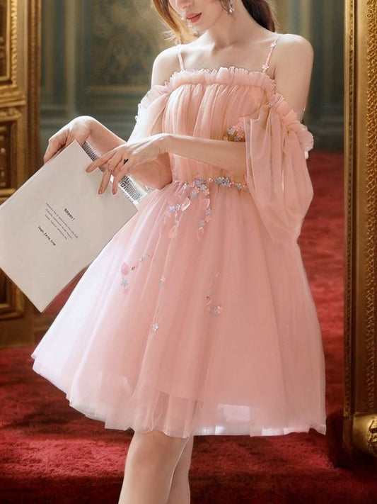 Vestido de fiesta de graduación, corte A/princesa, tul, cuentas, tirantes finos, mangas 1/2, corto/mini