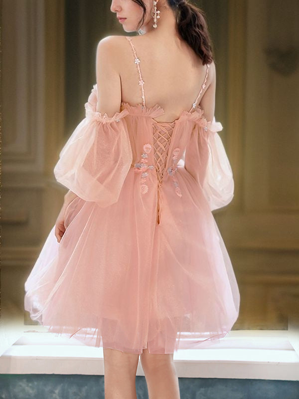 Vestido de fiesta de graduación, corte A/princesa, tul, cuentas, tirantes finos, mangas 1/2, corto/mini