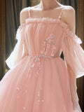 Vestido de fiesta de graduación, corte A/princesa, tul, cuentas, tirantes finos, mangas 1/2, corto/mini