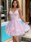 Vestido de cóctel corto/mini sin mangas, corte A/princesa, de tul, con flores hechas a mano y escote en V, para fiesta de graduación y regreso a casa.