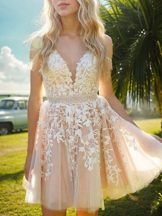 Vestido de fiesta de graduación, corte A/princesa, tul, apliques, escote en V, sin mangas, corto/mini