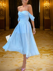 A-Line/Princess Chiffon Ruched Off-the-Shoulder Sleeveless Tea-Length Dresses Prom Dress