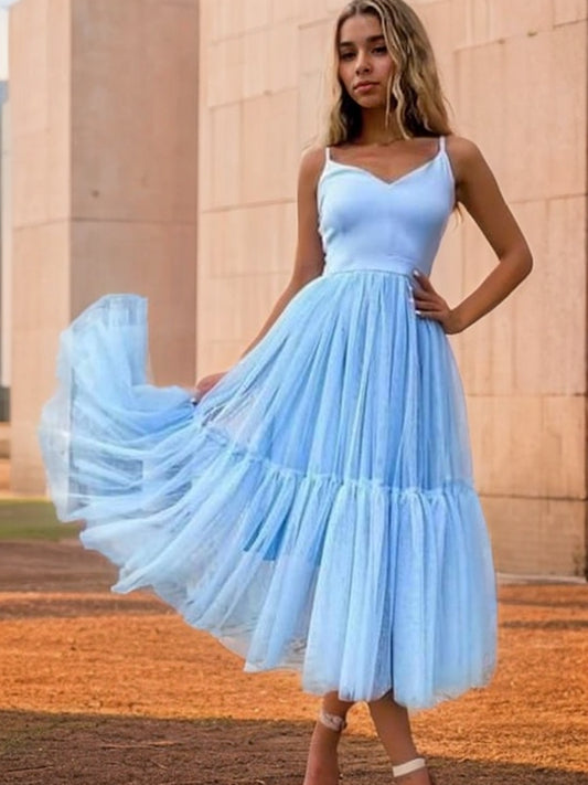 A-Linie/Princess-Linie Tüll Rüschen V-Ausschnitt Ärmellos Wadenlang Homecoming Kleider Ball Cocktailkleid