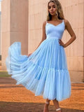 A-Linie/Princess-Linie Tüll Rüschen V-Ausschnitt Ärmellos Wadenlang Homecoming Kleider Ball Cocktailkleid