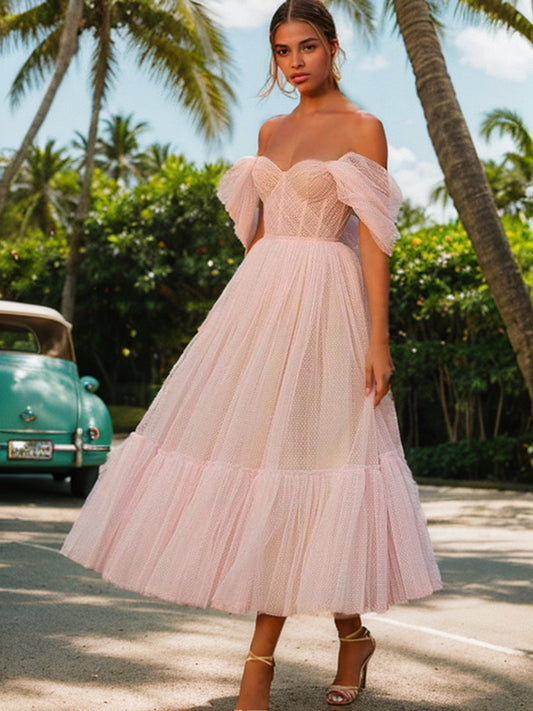 Vestido de fiesta de graduación, corte A/princesa, de tul, con volantes, hombros descubiertos, sin mangas, largo hasta la rodilla