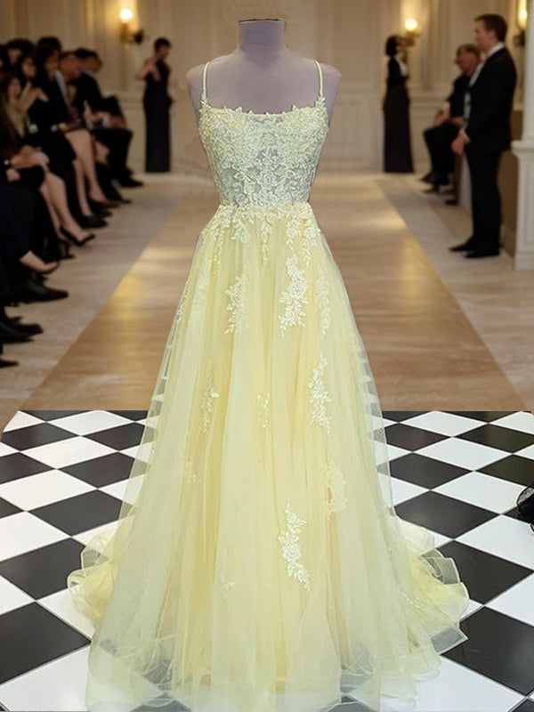A-Line/Princess Tulle Applique Spaghetti Straps Sleeveless Sweep/Brush Train Dresses Prom Dress Ball Gowns