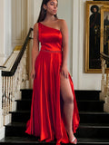 A-Line/Princess Silk like Satin Ruffles One-Shoulder Sleeveless Sweep/Brush Train Dresses Prom Evening Dress