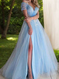 A-Line/Princess Tulle Lace V-neck Short Sleeves Sweep/Brush Train Dresses Prom Dress