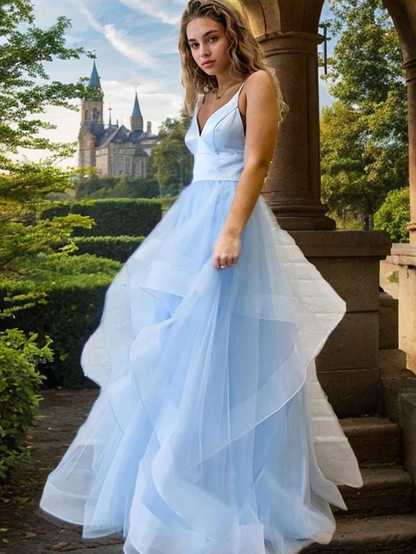 A-Line/Princess Tulle Ruffles V-neck Sleeveless Floor-Length Dresses Prom Dress Ball Gowns