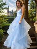 A-Line/Princess Tulle Ruffles V-neck Sleeveless Floor-Length Dresses Prom Dress Ball Gowns