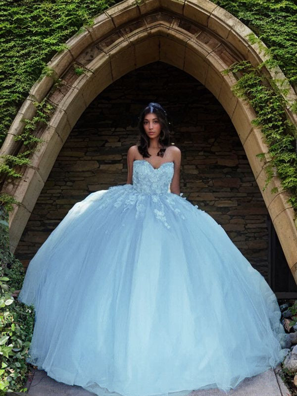 Vestido de fiesta de tul con apliques de corazón, sin mangas, con cola larga, para fiesta de quinceañera