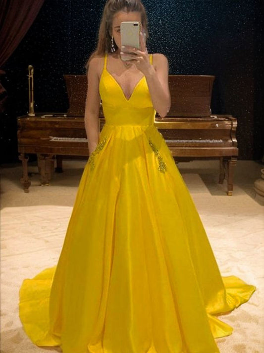 A-Line/Princess Satin Ruffles V-neck Sleeveless Sweep/Brush Train Dresses Prom Evening Dress