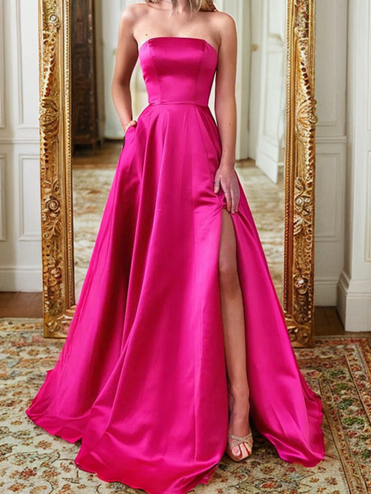 A-Line/Princess Satin Ruffles Strapless Sleeveless Sweep/Brush Train Dresses Prom Evening Dress