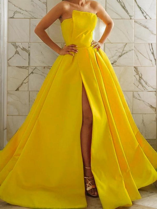 A-Line/Princess Satin Ruffles Strapless Sleeveless Sweep/Brush Train Dresses Prom Evening Dress