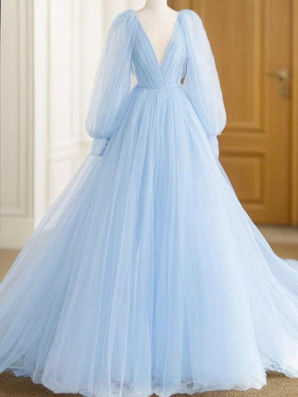 Vestido de noche de fiesta con corte A/princesa, tul, volantes, escote en V, mangas largas y cola larga
