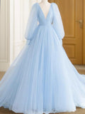 Vestido de noche de fiesta con corte A/princesa, tul, volantes, escote en V, mangas largas y cola larga