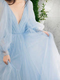 Vestido de noche de fiesta con corte A/princesa, tul, volantes, escote en V, mangas largas y cola larga