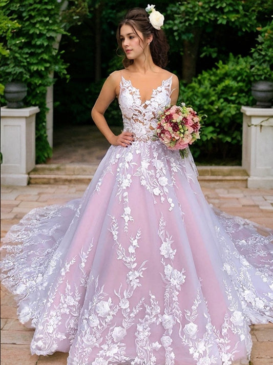Ball Gown Lace Applique V-neck Sleeveless Chapel Train Wedding Dresses Bridal Gowns