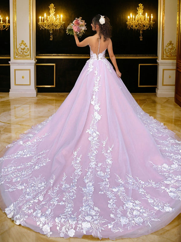 Ball Gown Lace Applique V-neck Sleeveless Chapel Train Wedding Dresses Bridal Gowns