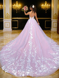 Ball Gown Lace Applique V-neck Sleeveless Chapel Train Wedding Dresses Bridal Gowns