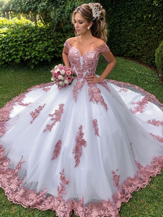 Ball Gown Lace Applique Off-the-Shoulder Sleeveless Sweep/Brush Train Wedding Dresses Bridal Gowns