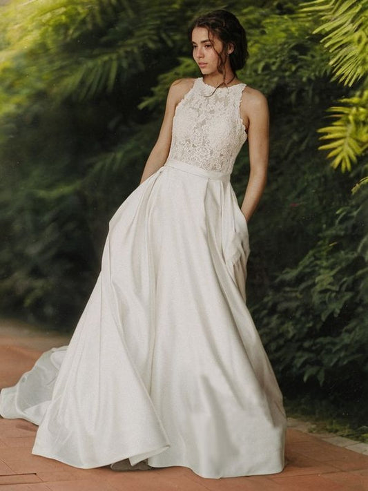 A-Line/Princess Lace Ruffles Scoop Sleeveless Sweep/Brush Train Wedding Dresses Bridal Gowns