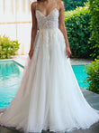 A-Line/Princess Tulle Applique V-neck Sleeveless Sweep/Brush Train Wedding Dresses Bridal Gowns