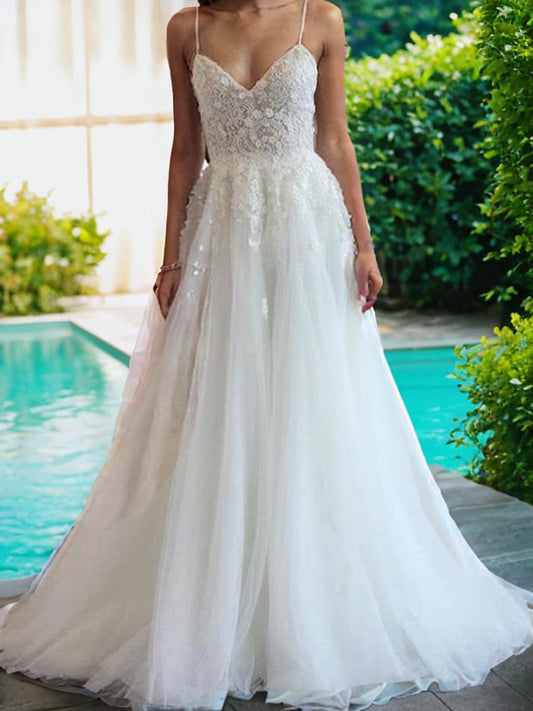A-Line/Princess Tulle Applique V-neck Sleeveless Sweep/Brush Train Wedding Dresses Bridal Gowns