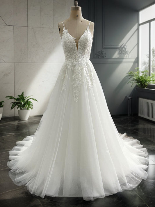 A-Line/Princess Tulle Applique V-neck Sleeveless Chapel Train Wedding Dresses Bridal Gowns
