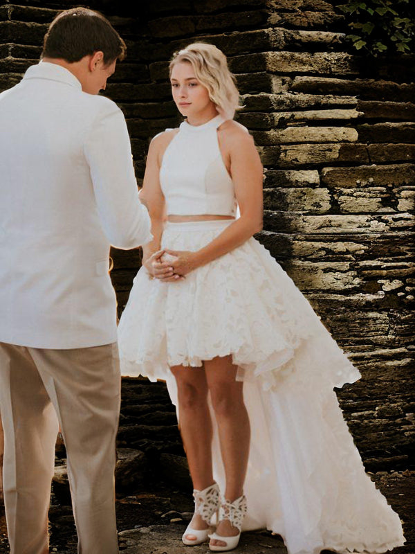 A-Line/Princess Lace Ruffles Scoop Sleeveless Asymmetrical Wedding Dresses Bridal Gowns