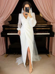 Sheath/Column Stretch Crepe Ruched V-neck Long Sleeves Floor-Length Wedding Dresses Bridal Gowns