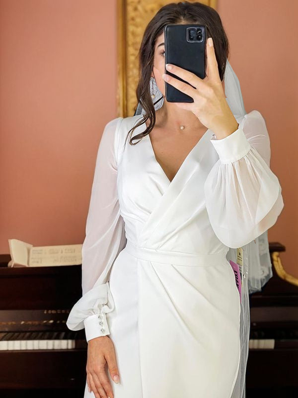 Sheath/Column Stretch Crepe Ruched V-neck Long Sleeves Floor-Length Wedding Dresses Bridal Gowns