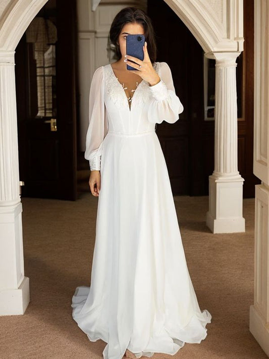 A-Line/Princess Chiffon Ruffles V-neck Long Sleeves Sweep/Brush Train Wedding Dresses Bridal Gowns