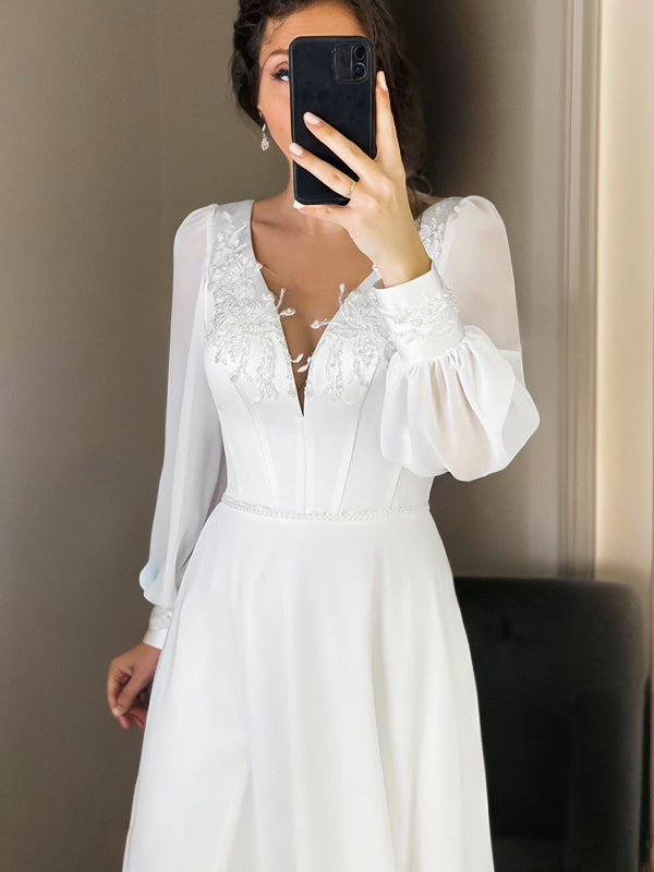 A-Line/Princess Chiffon Ruffles V-neck Long Sleeves Sweep/Brush Train Wedding Dresses Bridal Gowns