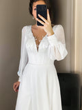 A-Line/Princess Chiffon Ruffles V-neck Long Sleeves Sweep/Brush Train Wedding Dresses Bridal Gowns
