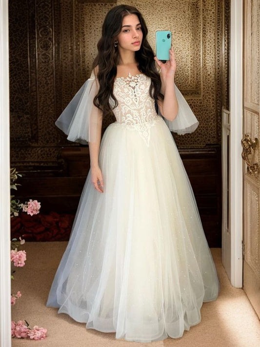 A-Line/Princess Lace Applique Off-the-Shoulder 1/2 Sleeves Floor-Length Wedding Dresses Bridal Gowns