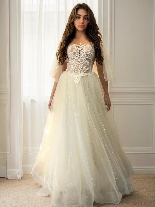 A-Line/Princess Lace Applique Off-the-Shoulder 1/2 Sleeves Floor-Length Wedding Dresses Bridal Gowns