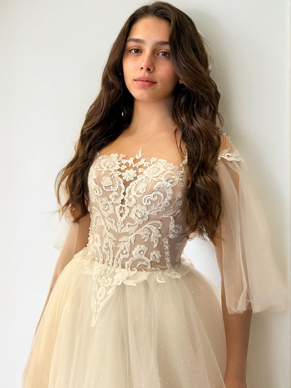 A-Line/Princess Lace Applique Off-the-Shoulder 1/2 Sleeves Floor-Length Wedding Dresses Bridal Gowns