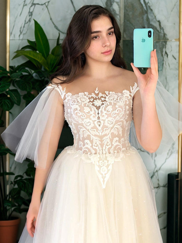 A-Line/Princess Lace Applique Off-the-Shoulder 1/2 Sleeves Floor-Length Wedding Dresses Bridal Gowns