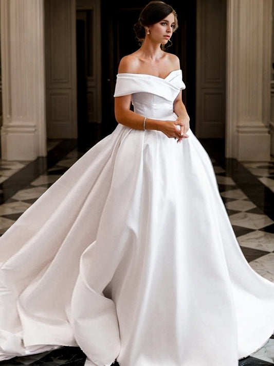 A-Line/Princess Satin Ruffles Off-the-Shoulder Sleeveless Chapel Train Wedding Dresses Bridal Gowns