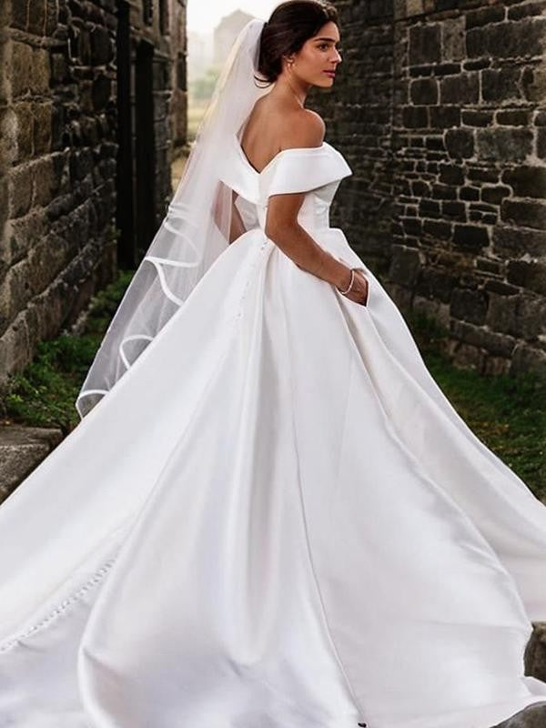 A-Line/Princess Satin Ruffles Off-the-Shoulder Sleeveless Chapel Train Wedding Dresses Bridal Gowns