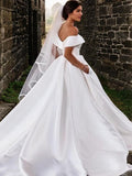 A-Line/Princess Satin Ruffles Off-the-Shoulder Sleeveless Chapel Train Wedding Dresses Bridal Gowns