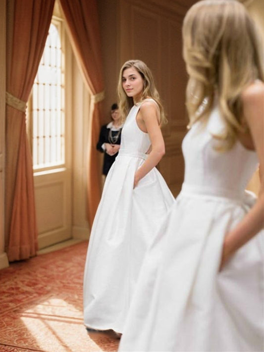 A-Line/Princess Satin Ruffles Scoop Sleeveless Sweep/Brush Train Wedding Dresses Bridal Gowns