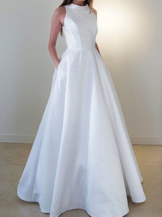 A-Line/Princess Satin Ruffles High Neck Sleeveless Sweep/Brush Train Wedding Dresses Bridal Gowns