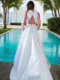 A-Line/Princess Satin Ruffles High Neck Sleeveless Sweep/Brush Train Wedding Dresses Bridal Gowns