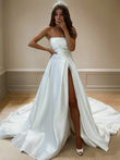 A-Line/Princess Satin Ruffles Strapless Sleeveless Sweep/Brush Train Wedding Dresses Bridal Gowns