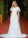 A-Line/Princess Chiffon Ruffles V-neck Short Sleeves Sweep/Brush Train Wedding Dresses Bridal Gowns