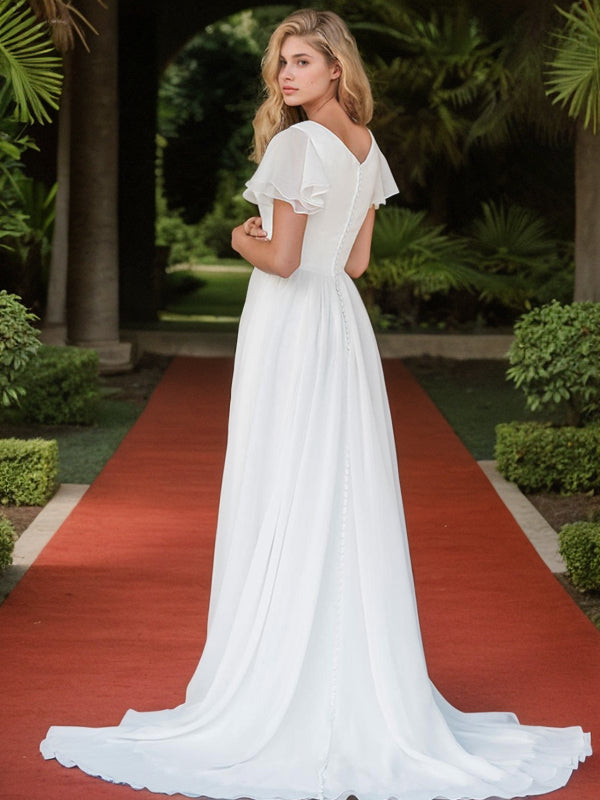 A-Line/Princess Chiffon Ruffles V-neck Short Sleeves Sweep/Brush Train Wedding Dresses Bridal Gowns